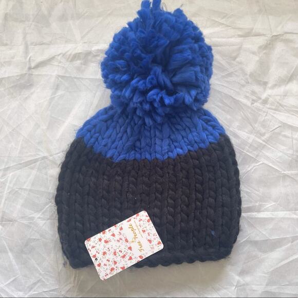 LFree People Hat Cozy Up Color Block Pom Beanie Black Blue
